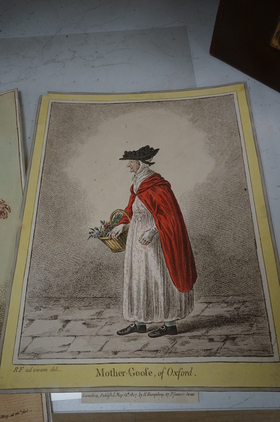 James Gilray (English, 1756-1815) Mother-Goofe, of Oxford & A Bravura Air hand coloured engravings 1807 & 1801, 28 x 21cm & 35 x 24cm. both unframed. Condition - cropped to the margins, small loss at the side of Bravura